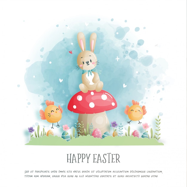 Happy Easter with cute bunny and Easter eggs in paper cut style  illustration.