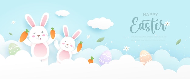 Счастливой Пасхи с милым кроликом или кроликом, пасхальными яйцами, морковью и праздничными элементами на голубом небе в стиле вырезки из бумаги. Векторная иллюстрация
