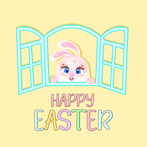 Happy easter with cute bunny rabbit illustration Premium Vector