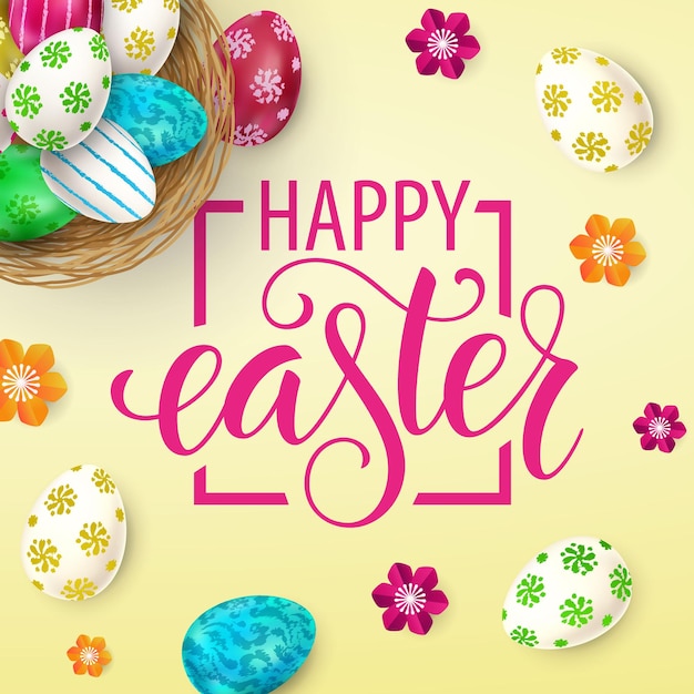 Happy Easter with eggs flowers and a basket