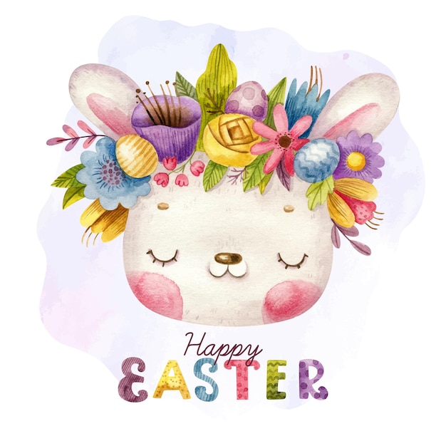 Happy Easter with hand drawn lettering and cute bunny with wreath