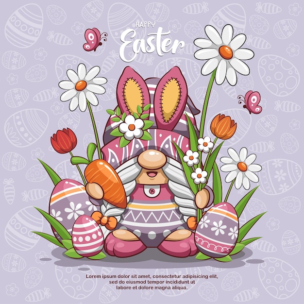 Happy easter with lady gnome, flower, carrot, and egg. cute cartoon illustration