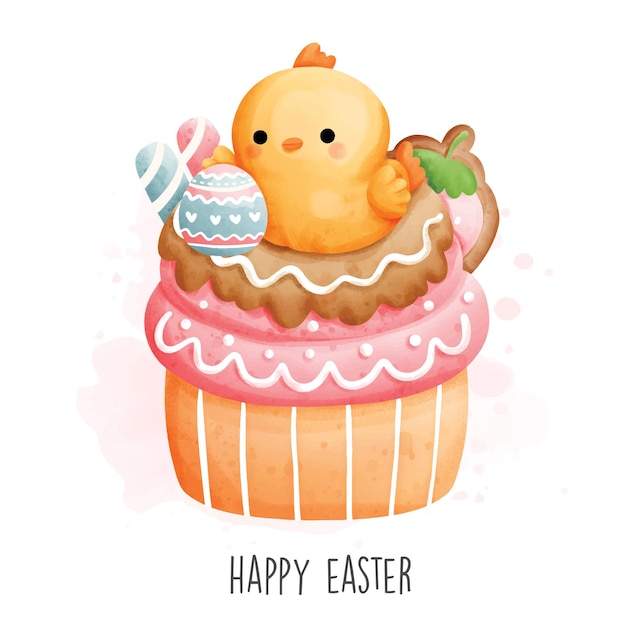 Happy Easter with sweet cupcake and chicken