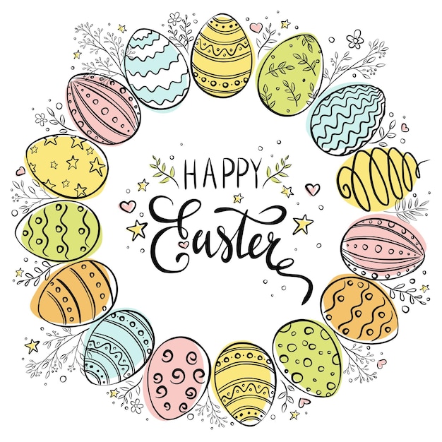 Happy Easter Wreath. Doodle style. Hand drawn decorative frame with Easter eggs and floral elements for banner, print, background, invitation and greeting cards design and decoration.