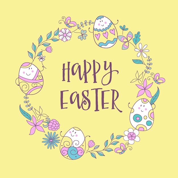 Happy Easter Wreath of flowers herbs and cheerful painted Easter eggs Greeting card in cartoon style