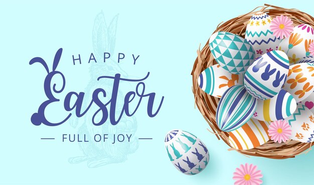 Happy Eater banner with colourful painted eggs in nest on pink background