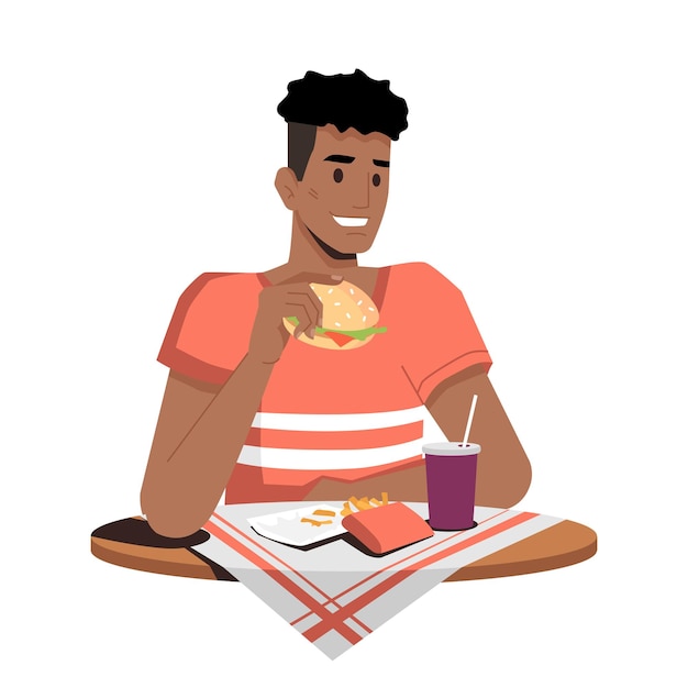 Vector happy eating hamburger, french fries and drinking cola or soda isolated flat cartoon person.