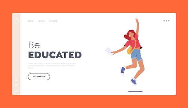 Happy Educated Student Girl Jumping Landing Page Template Cheerful Young Female Character With Paper In Hand