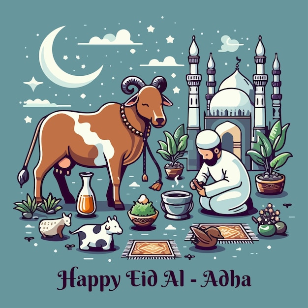 Vector happy eid adha greetings with qurban animals and mosque vector