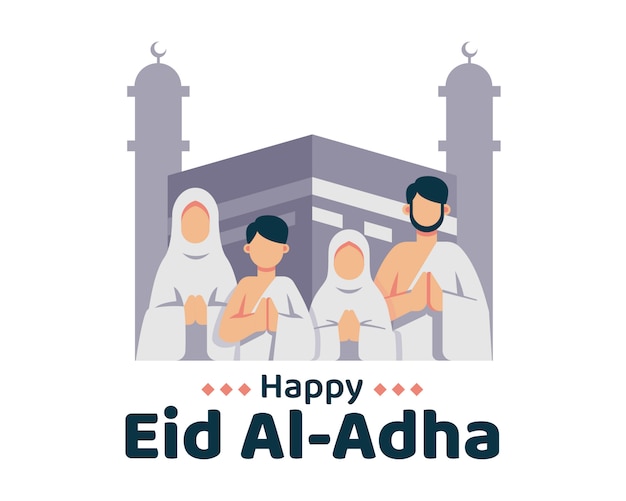 Happy Eid Al Adha Background With Muslim Family And Kaaba Illustration