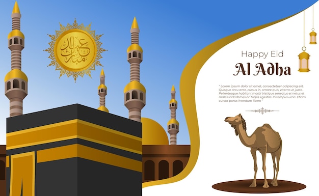 Happy eid al adha banner illustration with camels for sacrifice