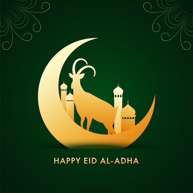 Счастливая концепция торжества eid-al-adha с золотой полумесяцем, мечетью и козой силуэта на зеленой предпосылке.