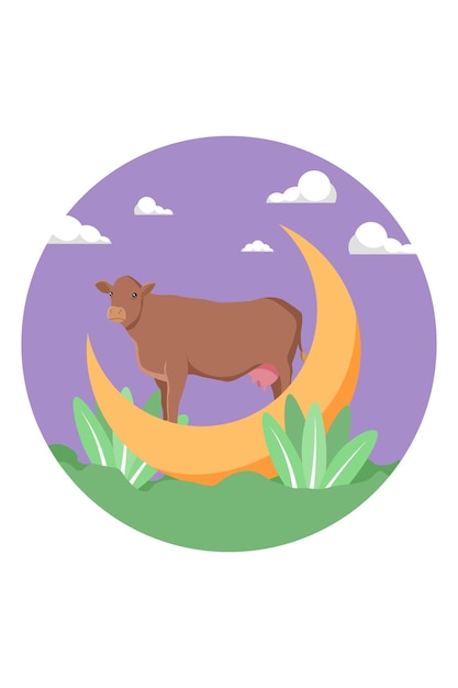 Happy Eid al Adha Cow on the Moon Flat Illustration