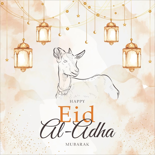 염소 동물과 랜턴 스플래시 수채화 배경으로 행복 Eid Al Adha 인사말 카드