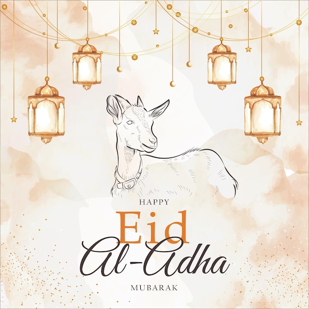 염소 동물과 랜턴 스플래시 수채화 배경으로 행복 eid al adha 인사말 카드