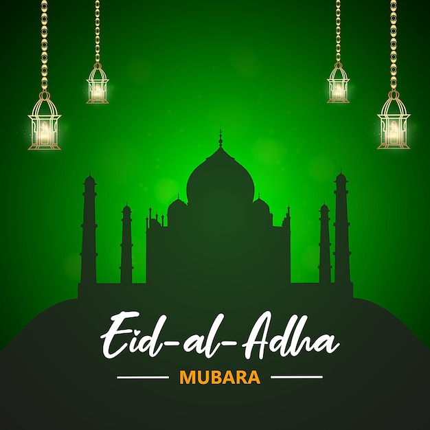 Felice eid al adha saluti sfondo verde islamico social media banner vettore gratuito