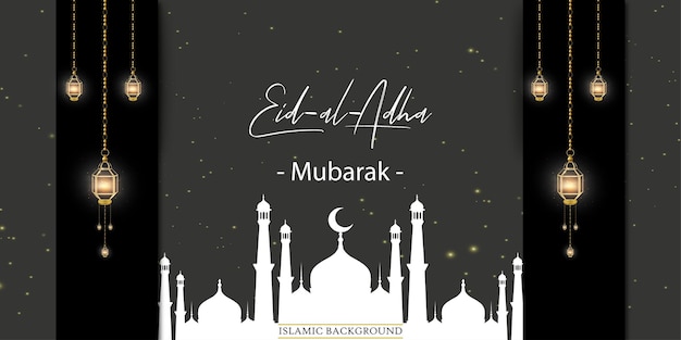 Happy Eid Al Adha Greetings Grey Golden Background Islamic Social Media Banner Free Vector