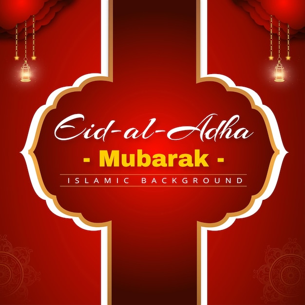 happy eid al adha greetings red golden background islamic social media banner free vector