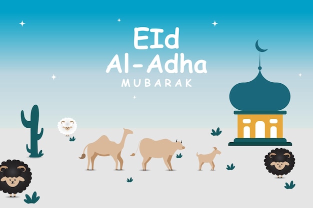 Счастливый ид аль адха иллюстрация с козами, овцами, коровами и верблюдами