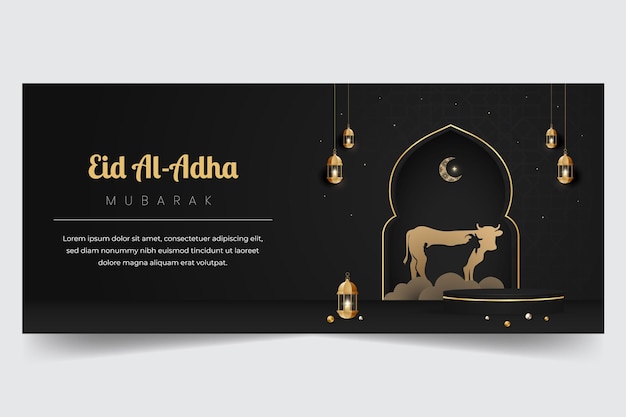 Vettore celebrazione felice di eid al adha mubarak con design di striscioni effetto taglio carta di mucca e capra