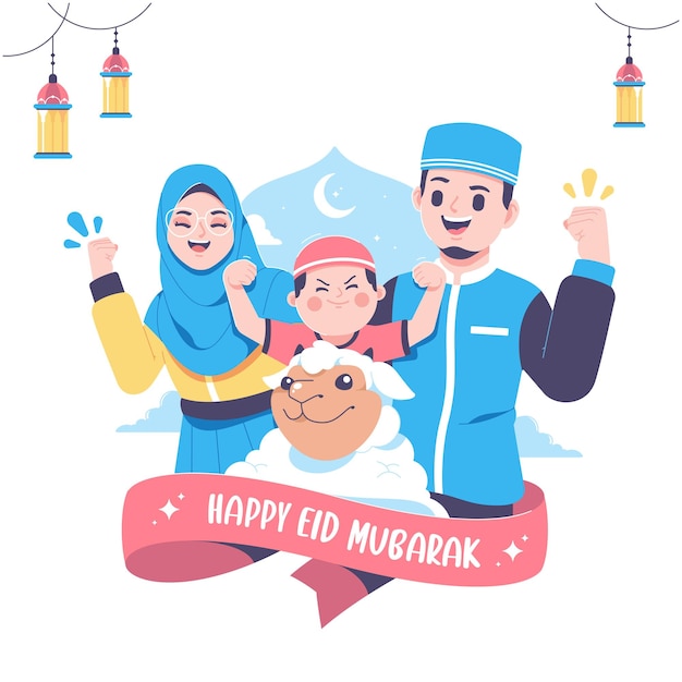 Felice eid al adha mubarak concetto di famiglia sullo sfondo