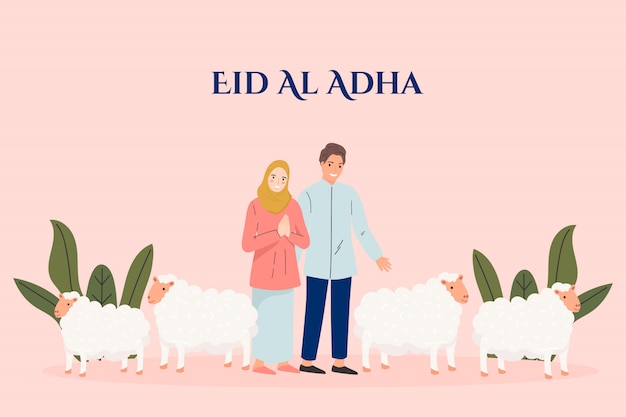 Happy eid al-adha mubarak muslim holiday concept. people with  sheep