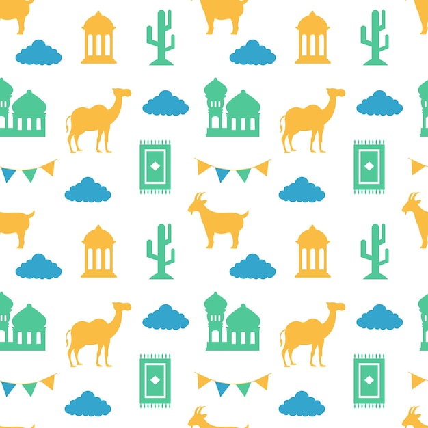 Happy Eid Al Adha Mubarak Seamless Pattern of Muslims Celebration with Sacrificial Animals Template