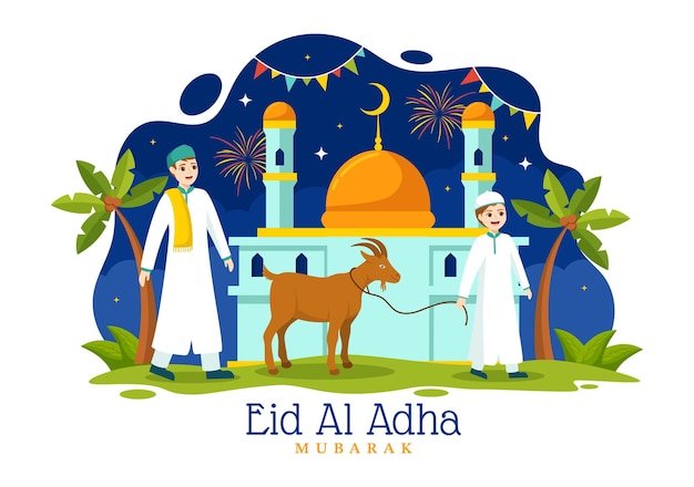 Felice eid al adha mubarak illustrazione vettoriale della celebrazione dei bambini musulmani con animali sacrificali