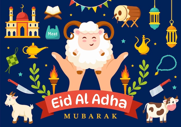 Happy Eid Al Adha Mubarak Vector Illustration of Muslims Celebration with Sacrificial Animals Goat