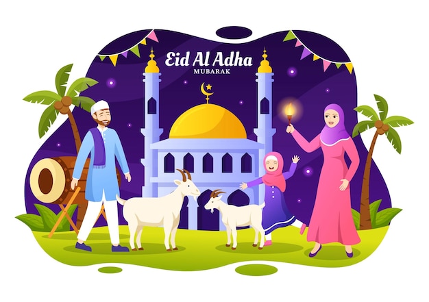 Happy eid al adha mubarak векторная иллюстрация празднования детей-мусульман с жертвенными животными