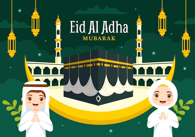 Вектор happy eid al adha mubarak векторная иллюстрация празднования детей-мусульман с жертвенными животными