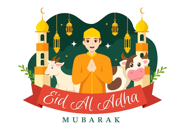 Happy Eid Al Adha Mubarak Vector Illustration Of Muslims Celebration With 희생 동물