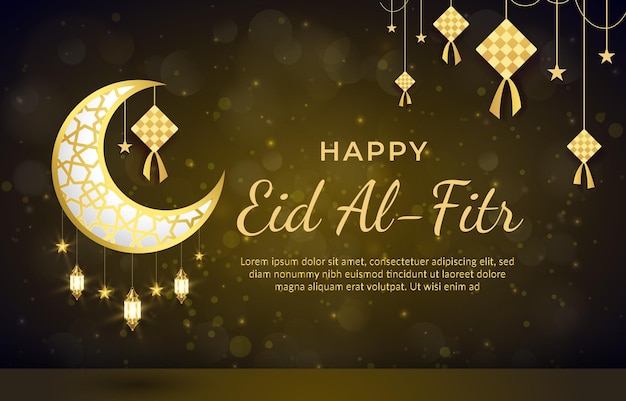 Happy eid al fitr banner with quote and beautiful shiny islamic ornament and abstract gradient brown and golden background design