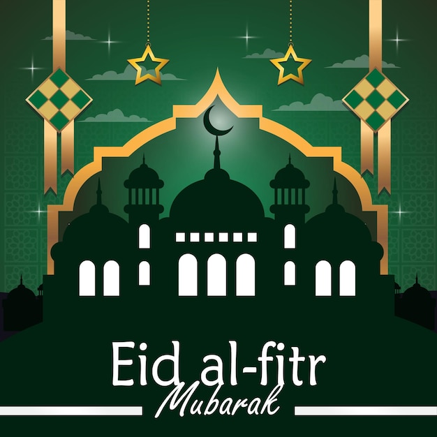 Happy eid al fitr крупным планом плакат или баннер с иллюстрацией мечети и кетупатом на зеленом фоне