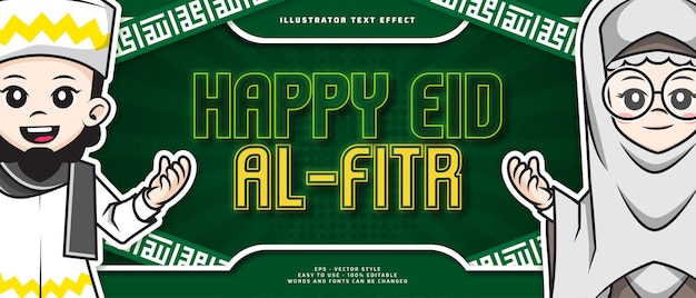 Vector happy eid al fitr editable text effect with illustration cute cartoon character of muslim people