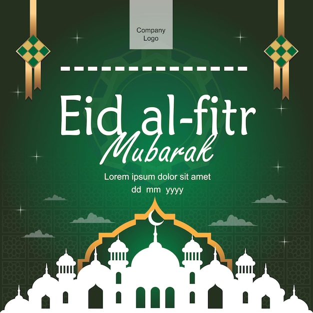 Happy eid al fitr элегантный плакат или баннер с иллюстрацией мечети и кетупатом на зеленом фоне