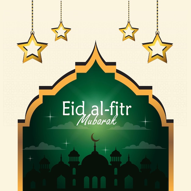 Felice eid al fitr poster elegante con moschea e inizia l'illustrazione in sfondo bianco premium vec