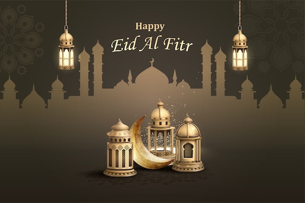Happy eid al fitr исламская открытка с фонарями и полумесяцем