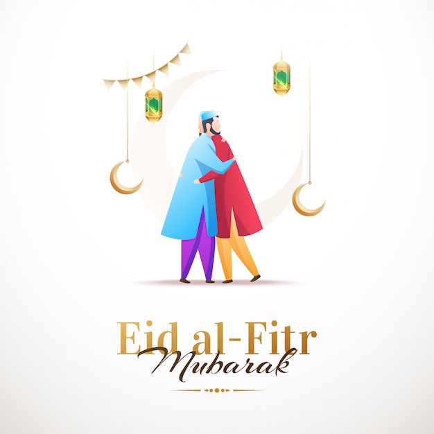 Vector happy eid al-fitr mubarak, clean design with characters