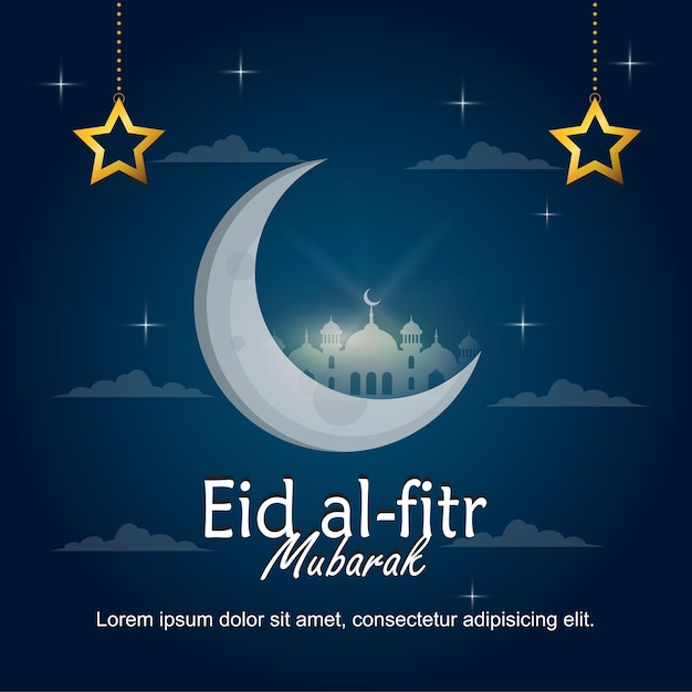 Manifesto di eid al fitr felice con la luna e inizia l'illustrazione nel vettore premium di sfondo blu