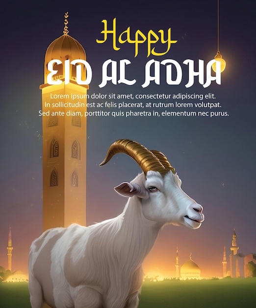 Vettore capra bianca felice di eid aladha mubarak con la moschea