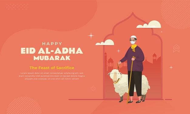 Happy eid aladha mubarak with muslim and sacrificial goats illustration on banner template