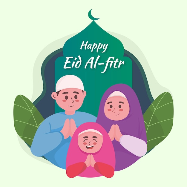 Happy eid alfitr happy muslim family greeting illustration used for background hari raya idul fitri