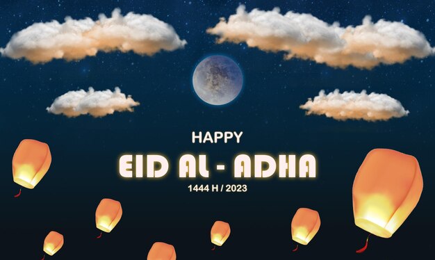 Vector happy eid alfitr poster with a background moon and clouds