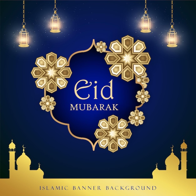 Happy Eid Greetings Royal Blue Golden Background Islamic Social Media Banner Free Vector