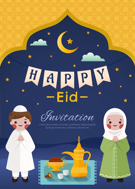 Happy eid invitation with muslim people preparing iftar in flat design