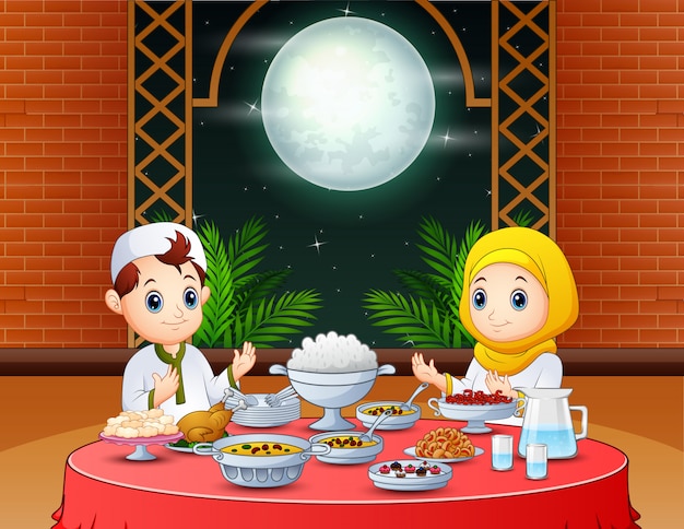 Vector happy eid invitation with muslim people preparing iftar