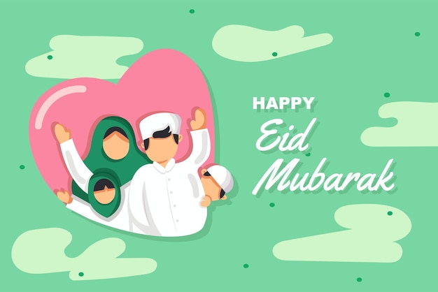 Felice eid mubarak illustrazione piatta famiglia musulmana con amore