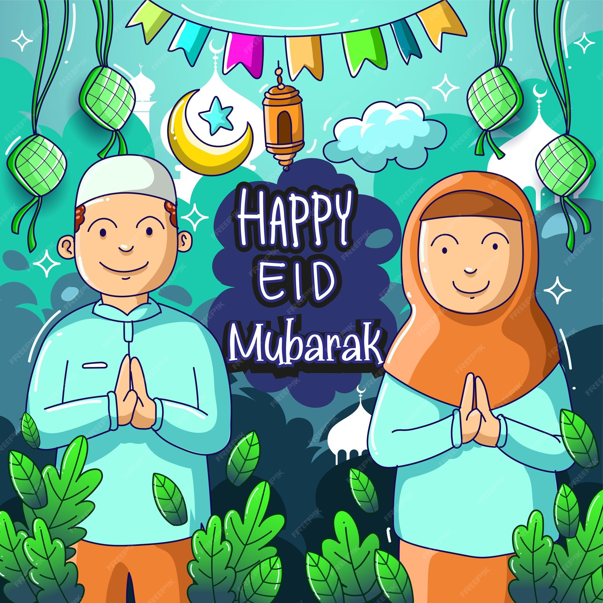 Premium Vector | Happy eid mubarak greeting card illustration ramadan  kareem cartoon vector for islamic festival for banner poster background