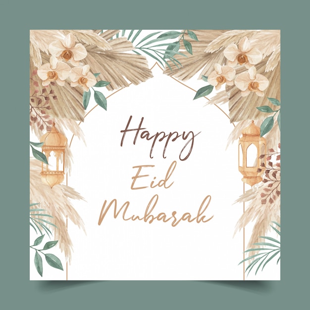 Happy eid mubarak greeting card template decorated with lantern, palm leaves, pampas grass, and orchid